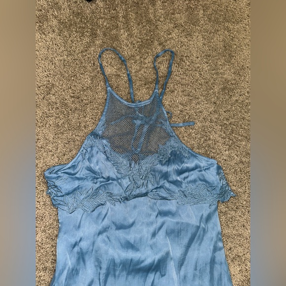 Free People Moon Child Embroidered Maxi Dress Blue Mesh Trim- Size 0 - Picture 5 of 14